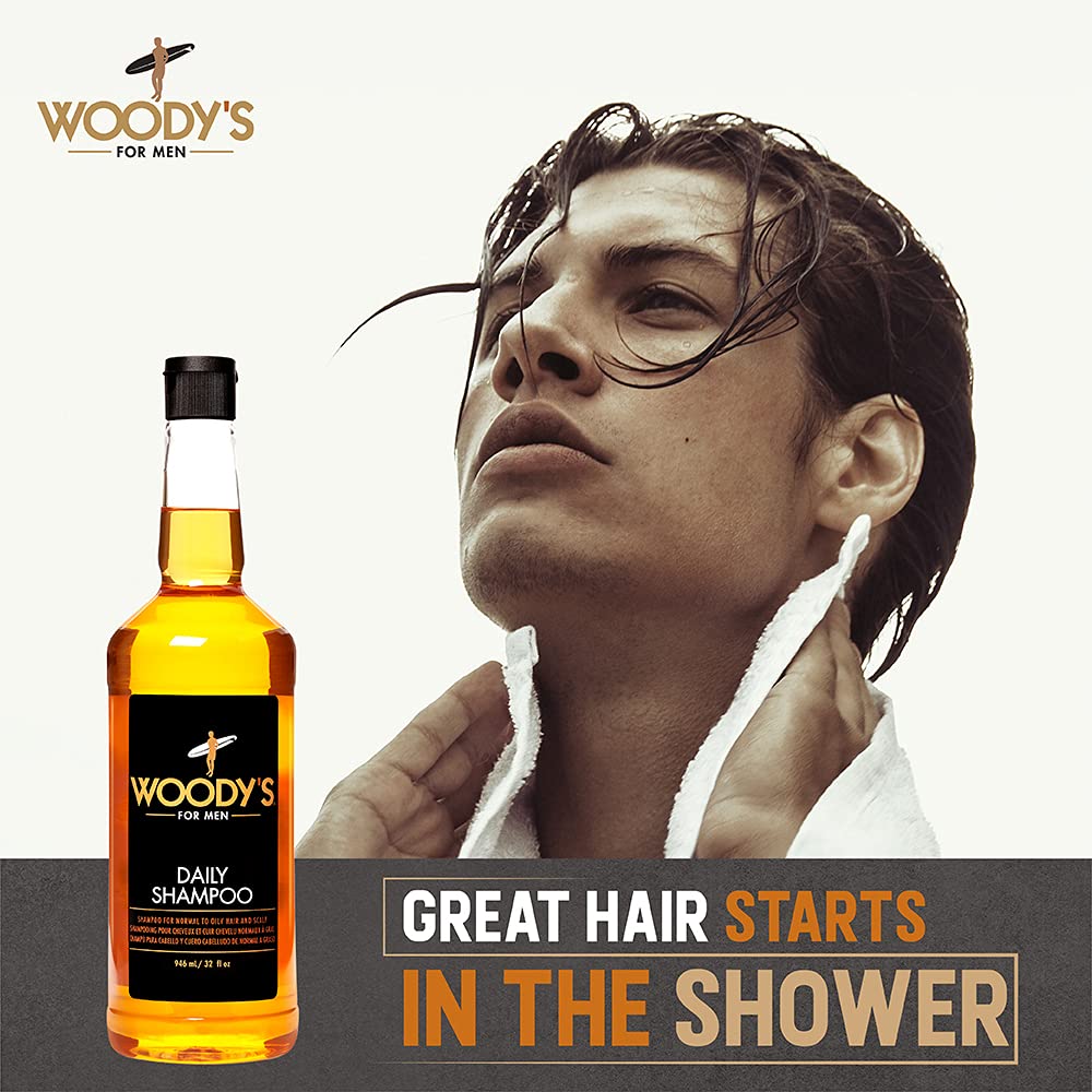 Woodys Daily Shampoo aloe moisture conveys hydrating benefits for softer, refreshed hair.