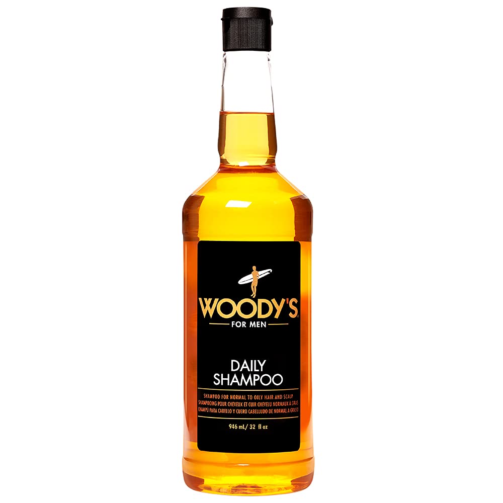 Woodys Daily Shampoo bottle front shows sulfate-free cleansing for daily hair care.