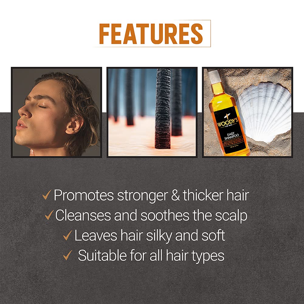 Woodys Daily Shampoo ginger scalp image suggests soothing relief during washing.