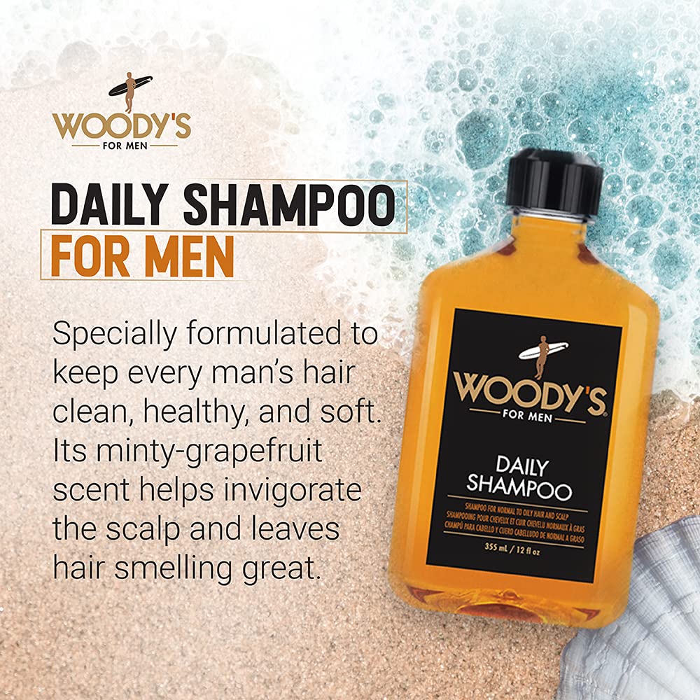 Woody's Daily Shampoo label closeup highlights vitamin B5 and all hair types care.