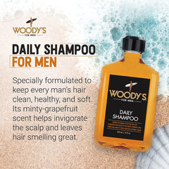 Woody's Daily Shampoo label closeup highlights vitamin B5 and all hair types care.