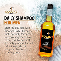Woodys Daily Shampoo ingredients highlight vitamins B5 and E for scalp nourishment.