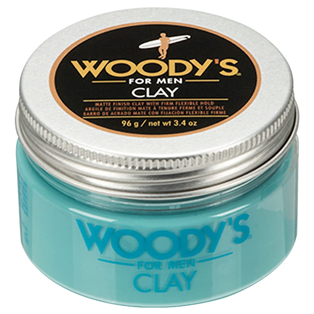 Woodys premium hair clay jar close-up showing matte finish for natural texture