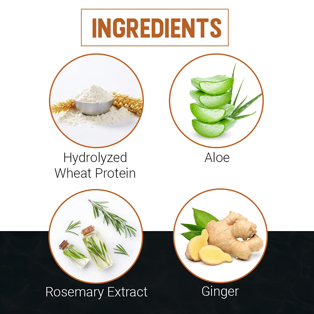 Woody's Mega Firm Hair Gel ingredients closeup highlighting ginger rosemary aloe.