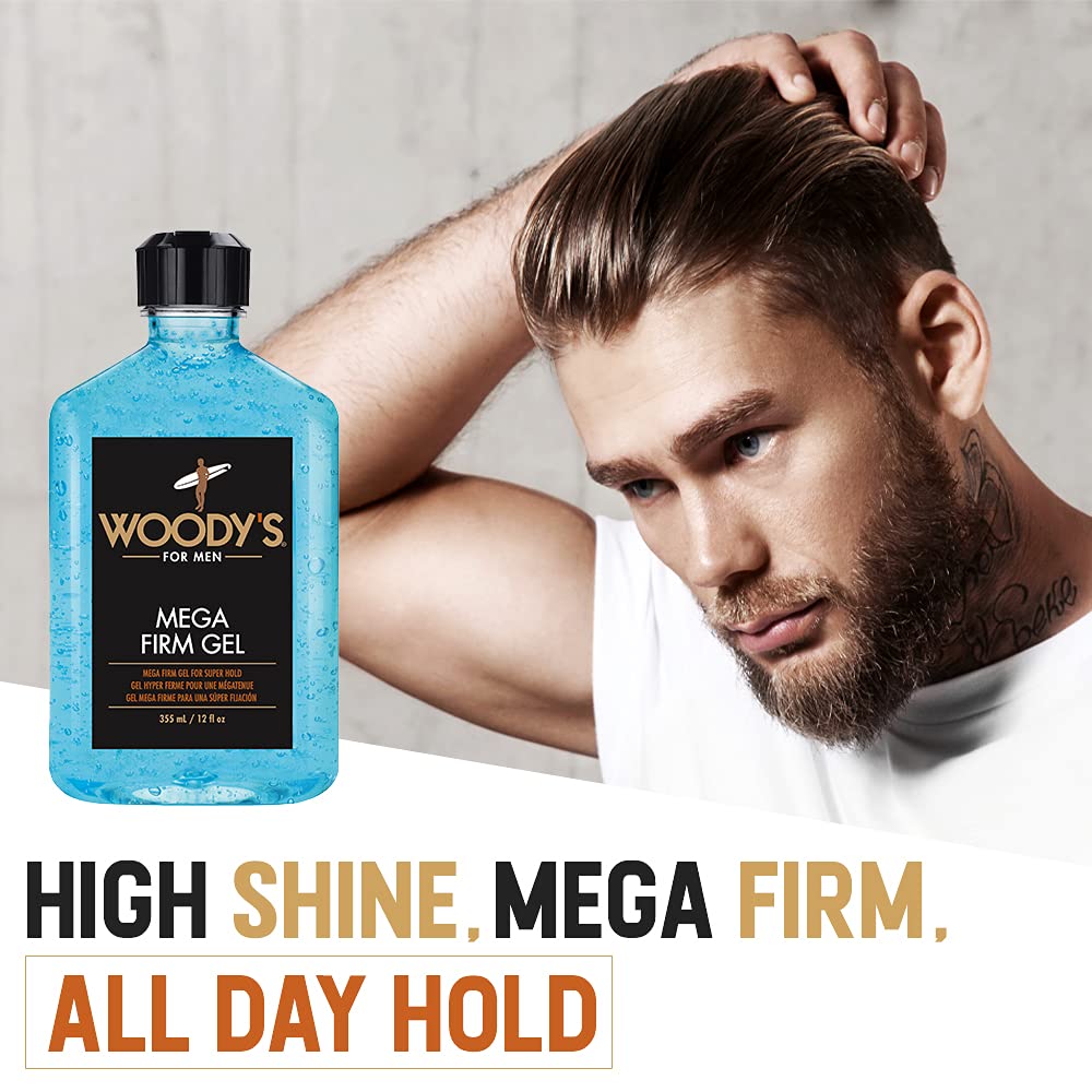Woody's Mega Firm Hair Gel side-part style demonstrating defined hold.