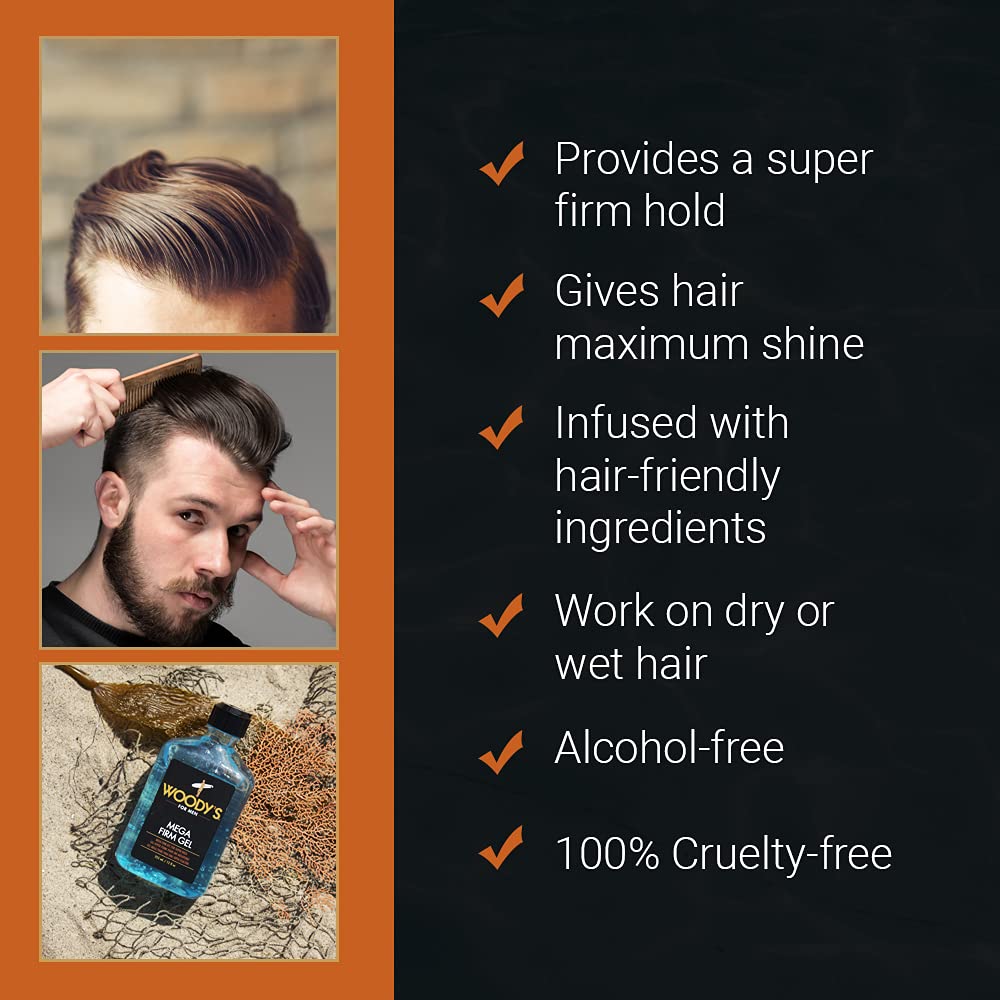 Woody's Mega Firm Hair Gel slicked-back look with lasting control.