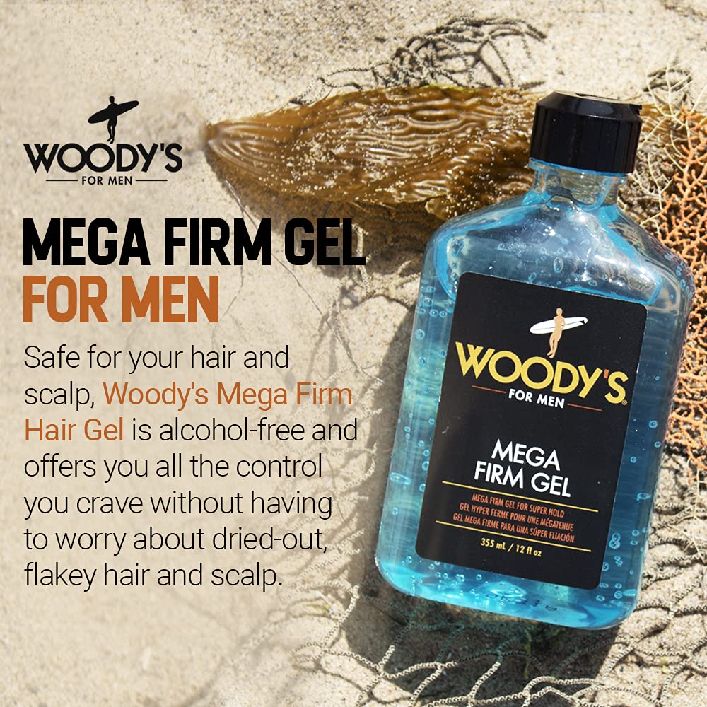 Woody's Mega Firm Hair Gel texture closeup showing smooth, flake-free finish.