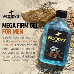 Woody's Mega Firm Hair Gel texture closeup showing smooth, flake-free finish.
