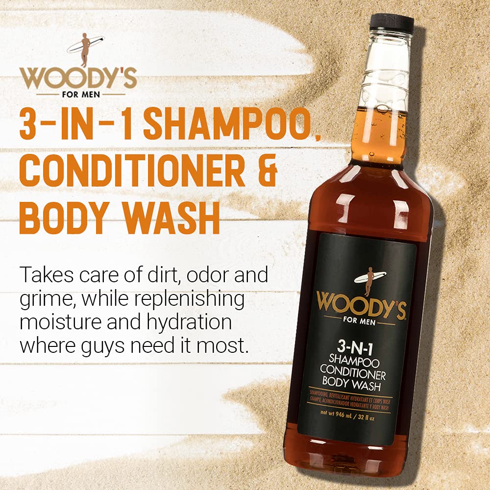 Woody's 3-in-1 lathering hair-face-body for streamlined routine.