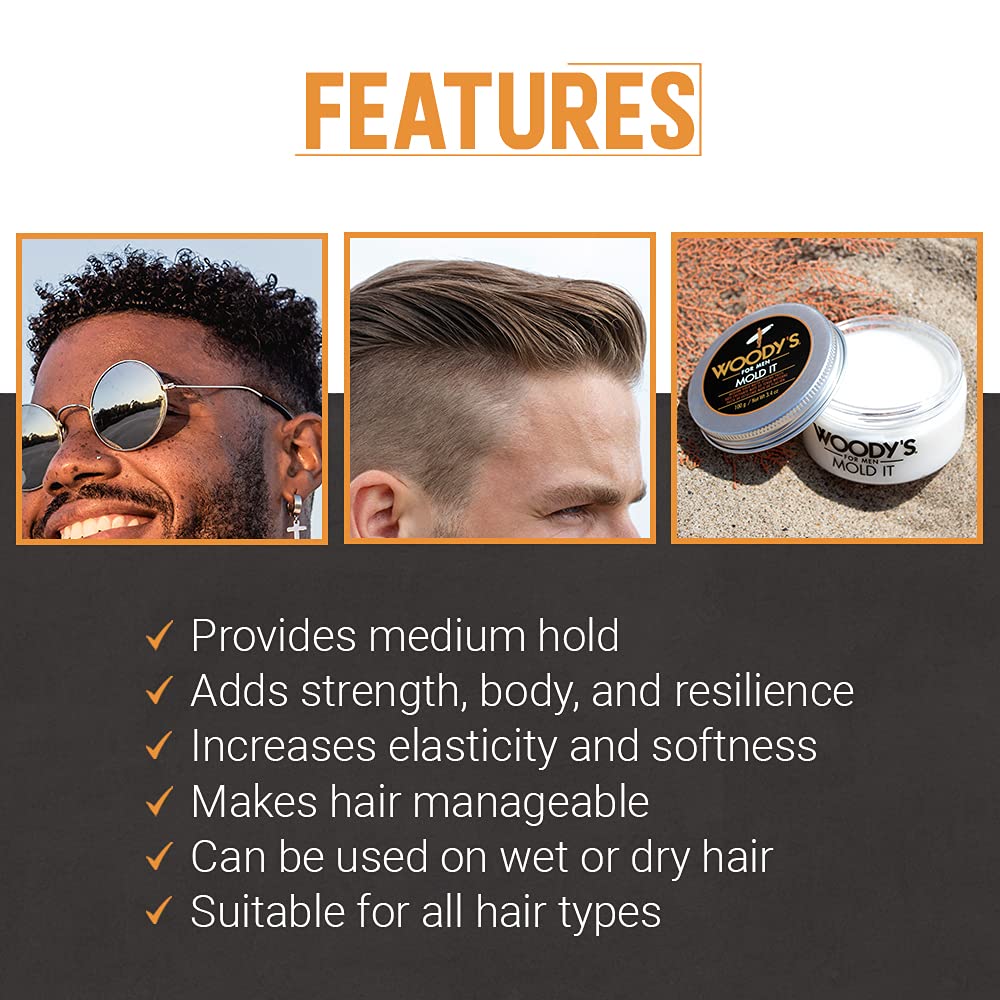 Woodys Mold It Matte Hair Paste styling jar shown for versatile looks.