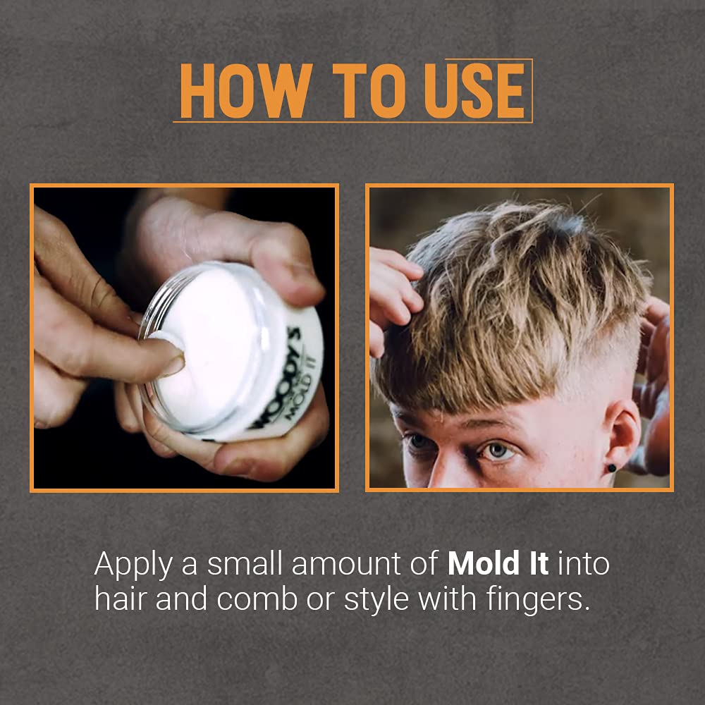 Woodys Mold It Matte Hair Paste in-use on short hairstyle shows textured volume.