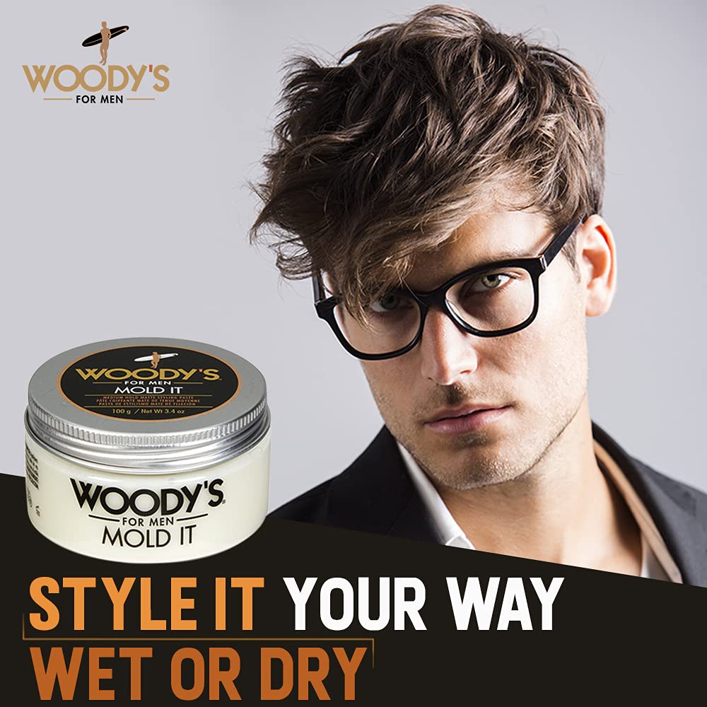 Woodys Mold It Matte Hair Paste side view highlighting flexible hold for reworkable styles.