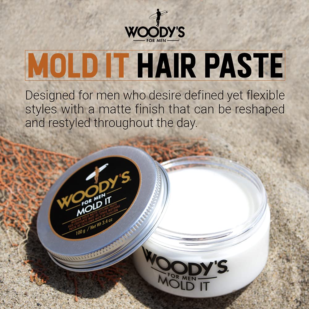 Woodys Mold It Matte Hair Paste texture application demonstrates added volume.