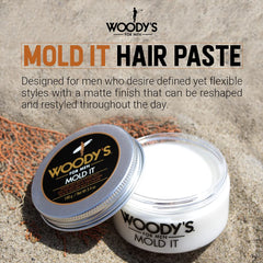 Woodys Mold It Matte Hair Paste texture application demonstrates added volume.