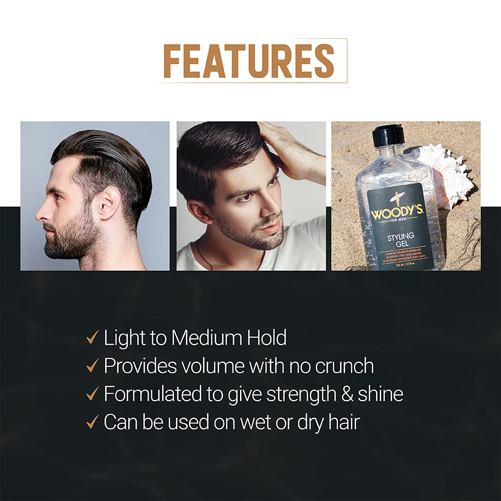 Woody's Styling Gel no-crunch finish on styled hair.