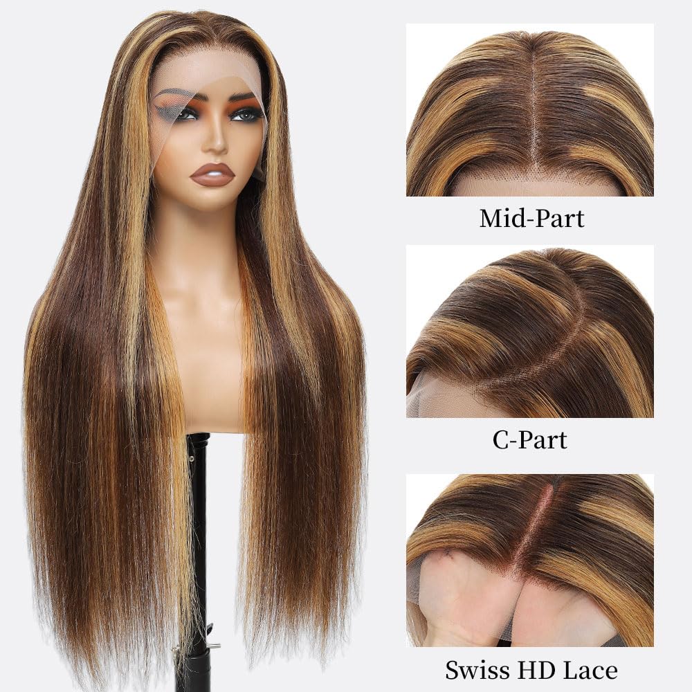 WOOMN highlight wig close-up shows rich honey blonde tones and silky texture.