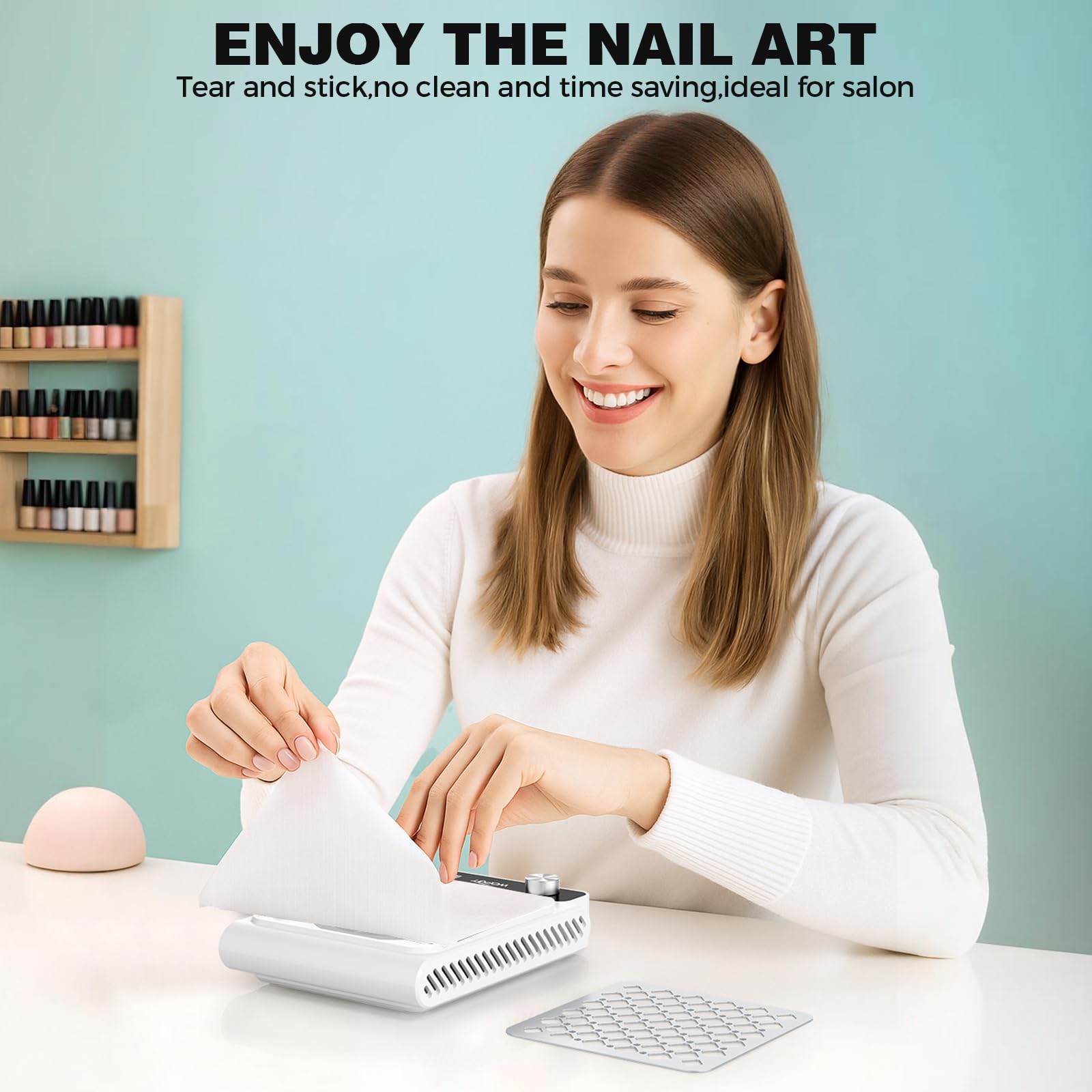 Woput nail dust collector in action at a desk illustrating clean workstation during polishing