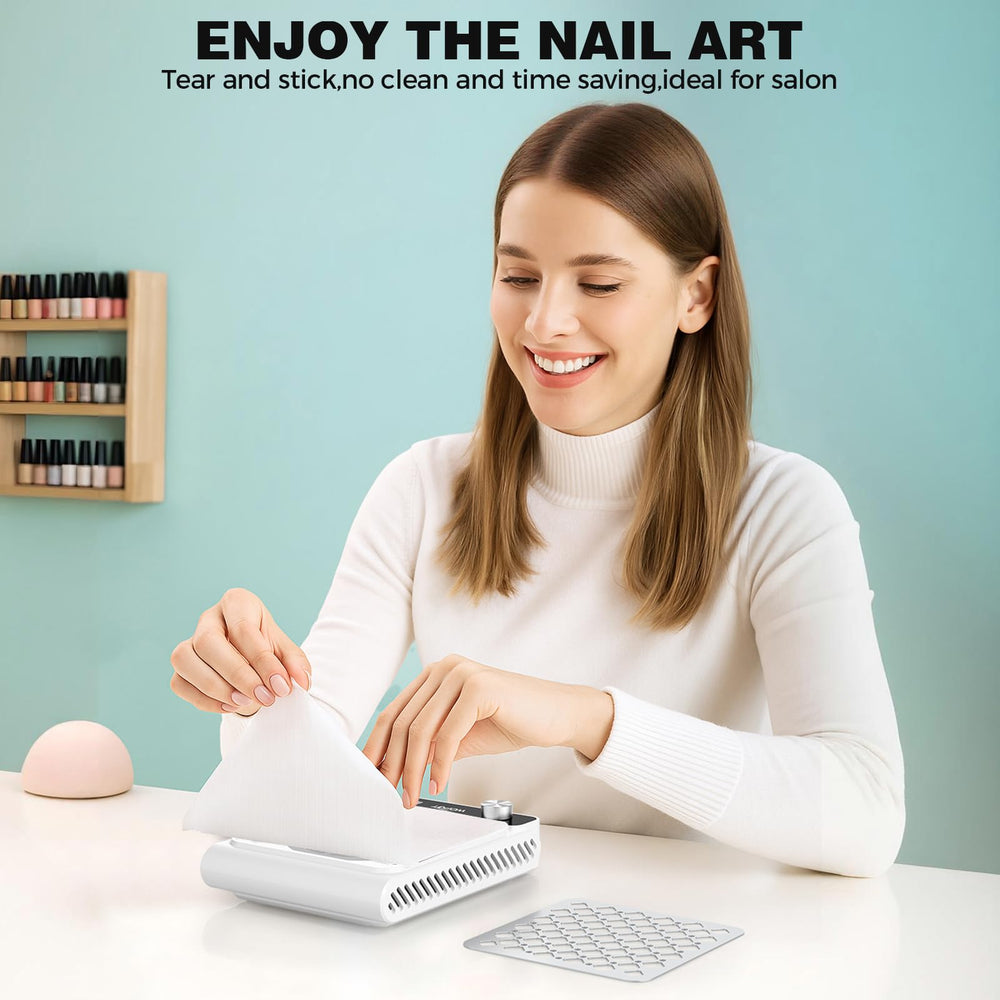 Woput nail dust collector in action at a desk illustrating clean workstation during polishing