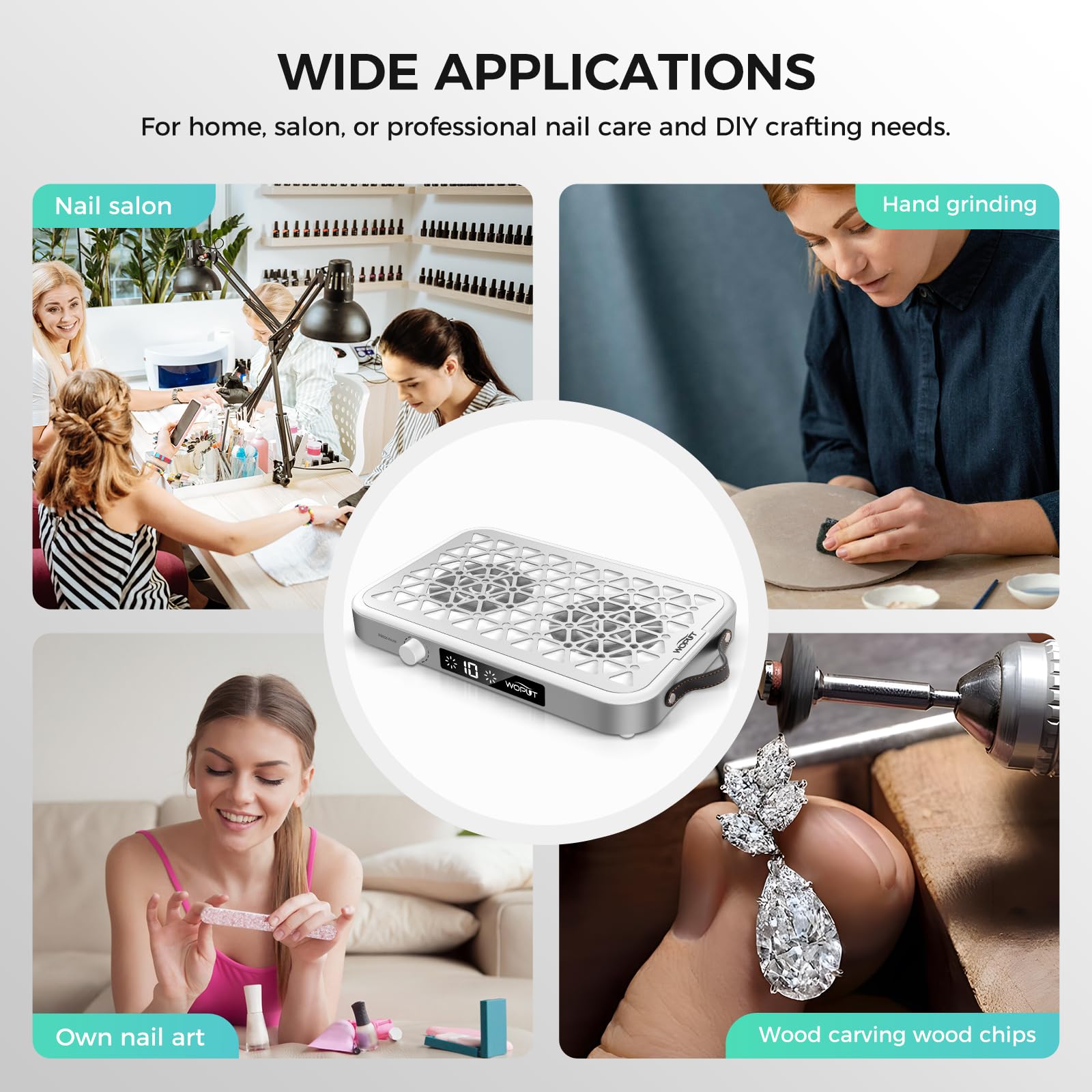 Woput nail dust collector in a clean salon setup aids hygiene.