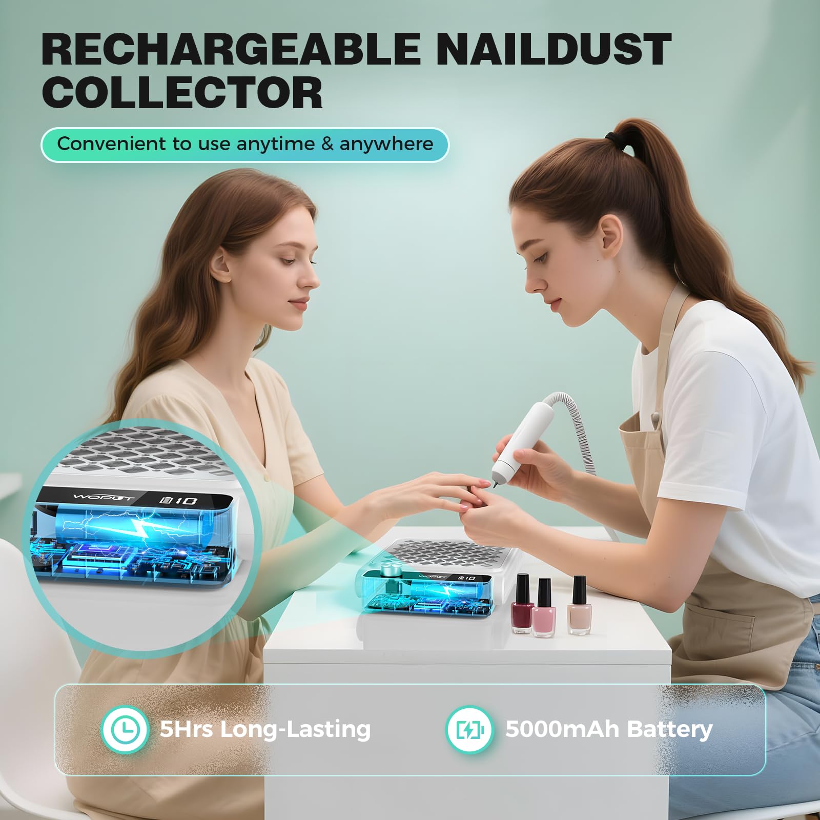 Woput rechargeable nail dust collector side view demonstrating slim profile for small spaces