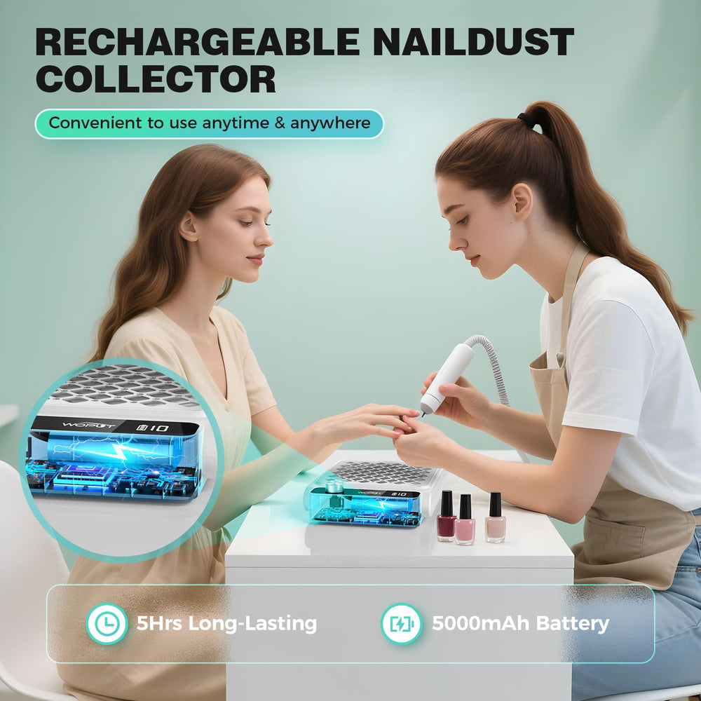 Woput rechargeable nail dust collector side view demonstrating slim profile for small spaces