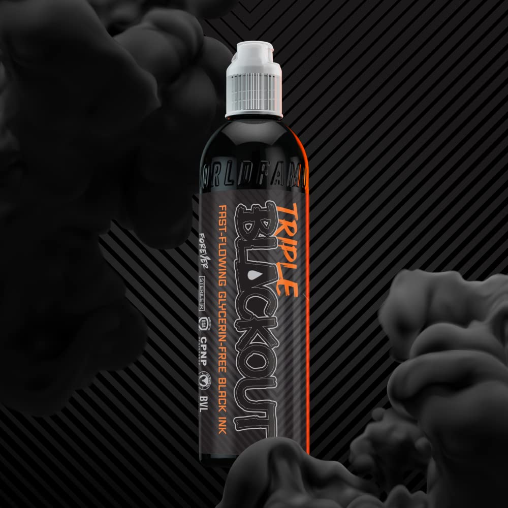 World Famous Tattoo Ink triple blackout shading application shows deep black depth.