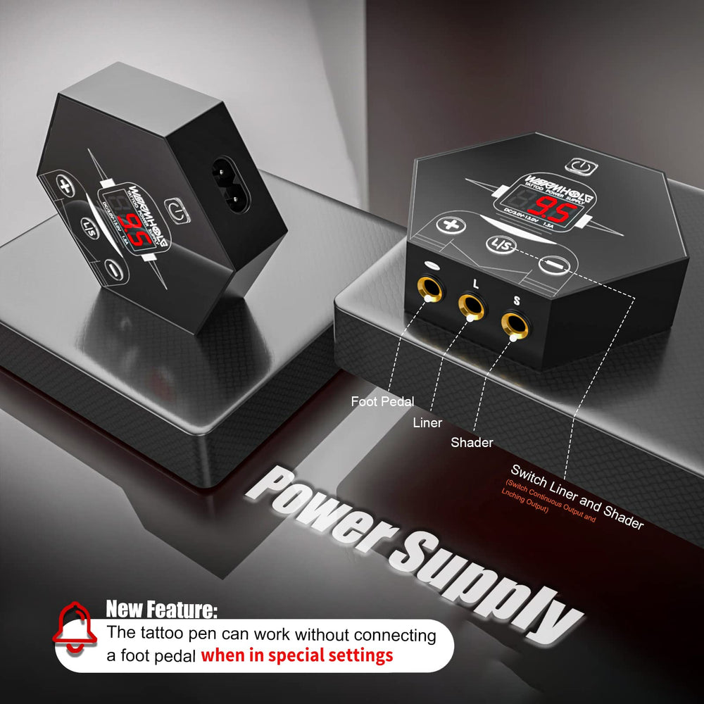Wormhole Tattoo dual power supply with safety auto-cutoff for safer sessions.