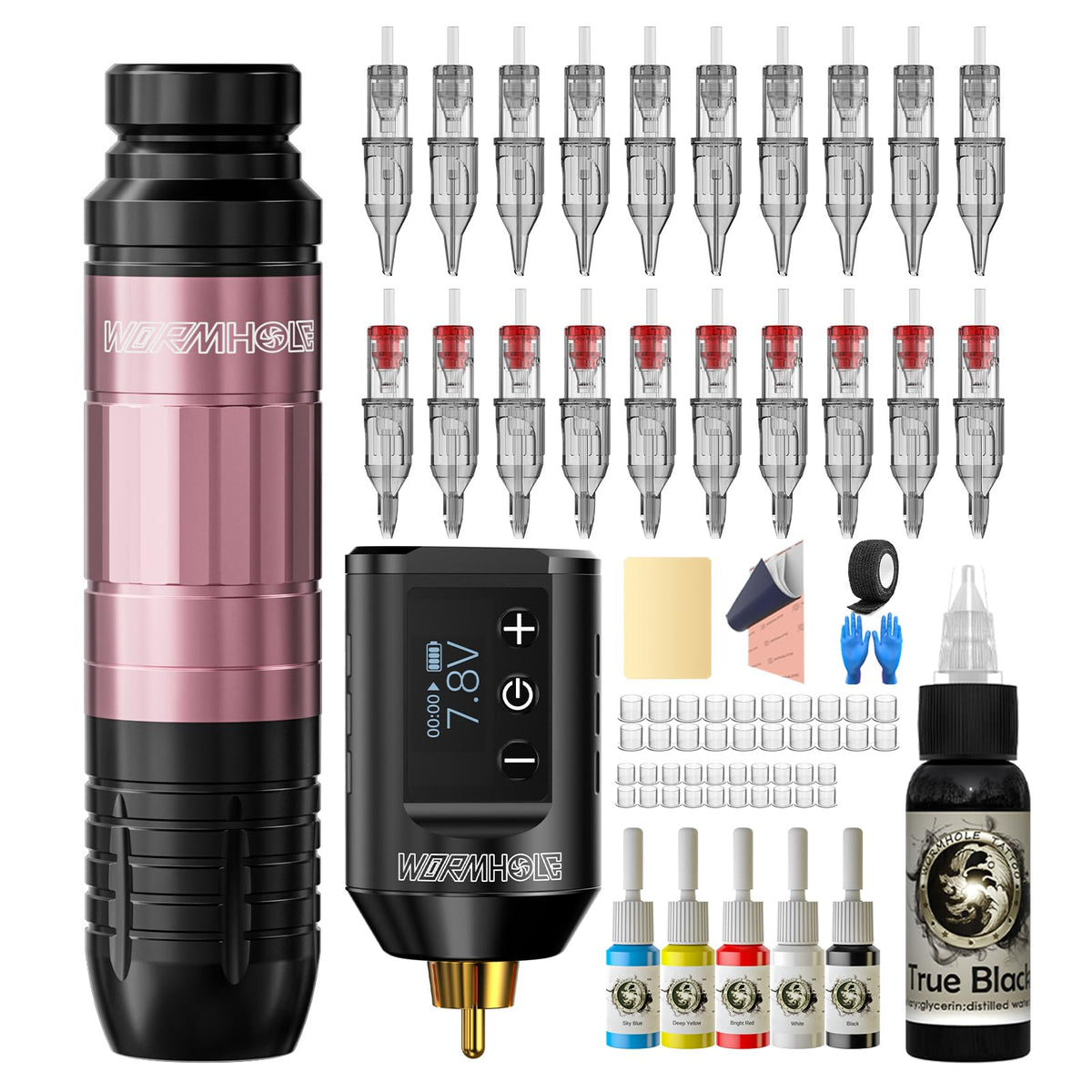 Wormhole Tattoo Gun Kit aluminum pen delivers precise control for clean lines.