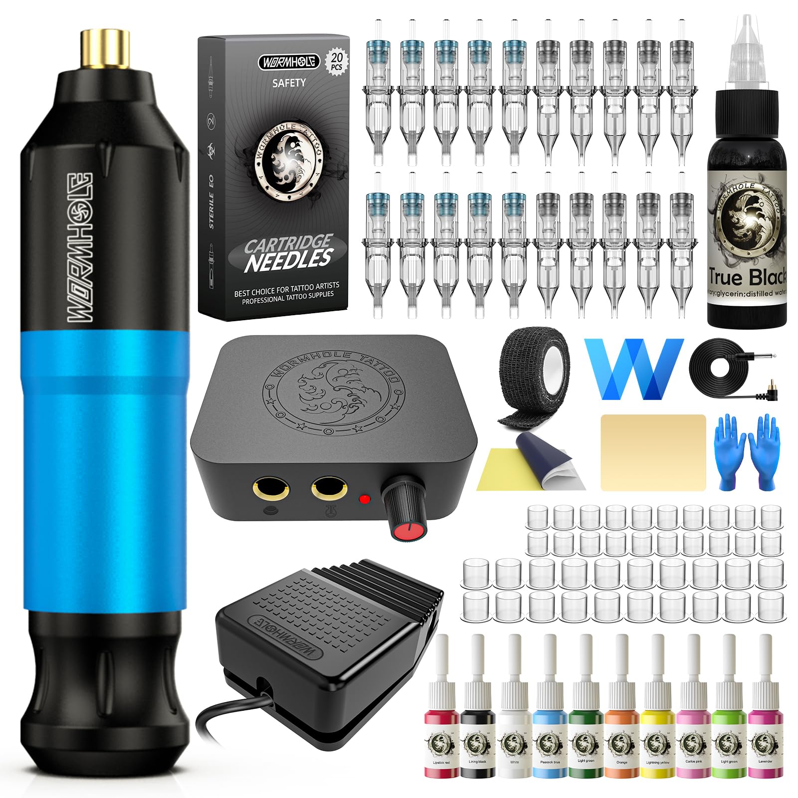 Wormhole Tattoo Kit blue front view, compact and beginner-friendly for precise line work