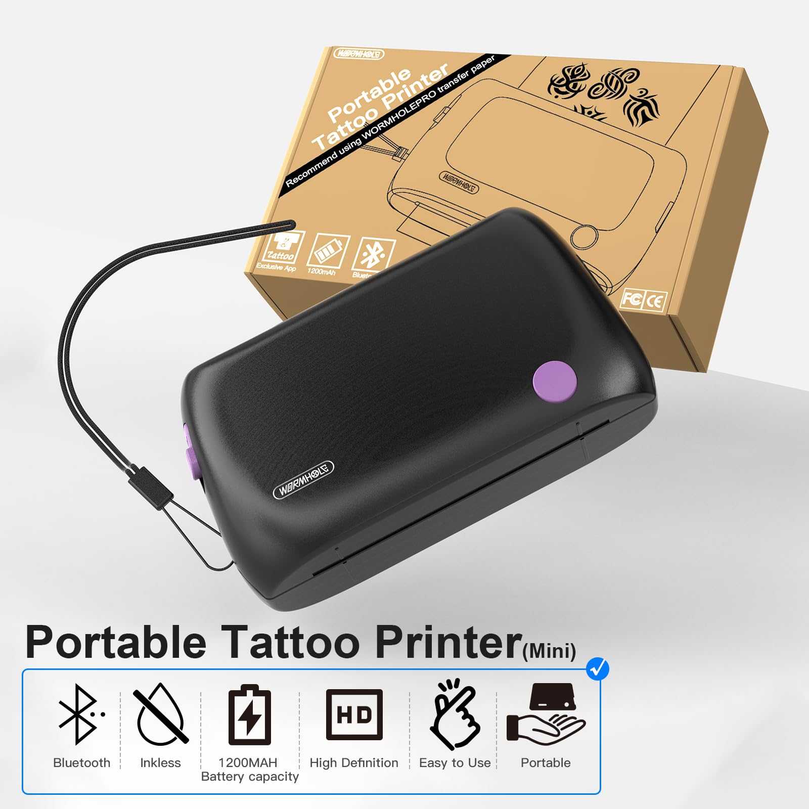 Wormhole Tattoo Printer battery highlights 1200mAh power for extended sessions.