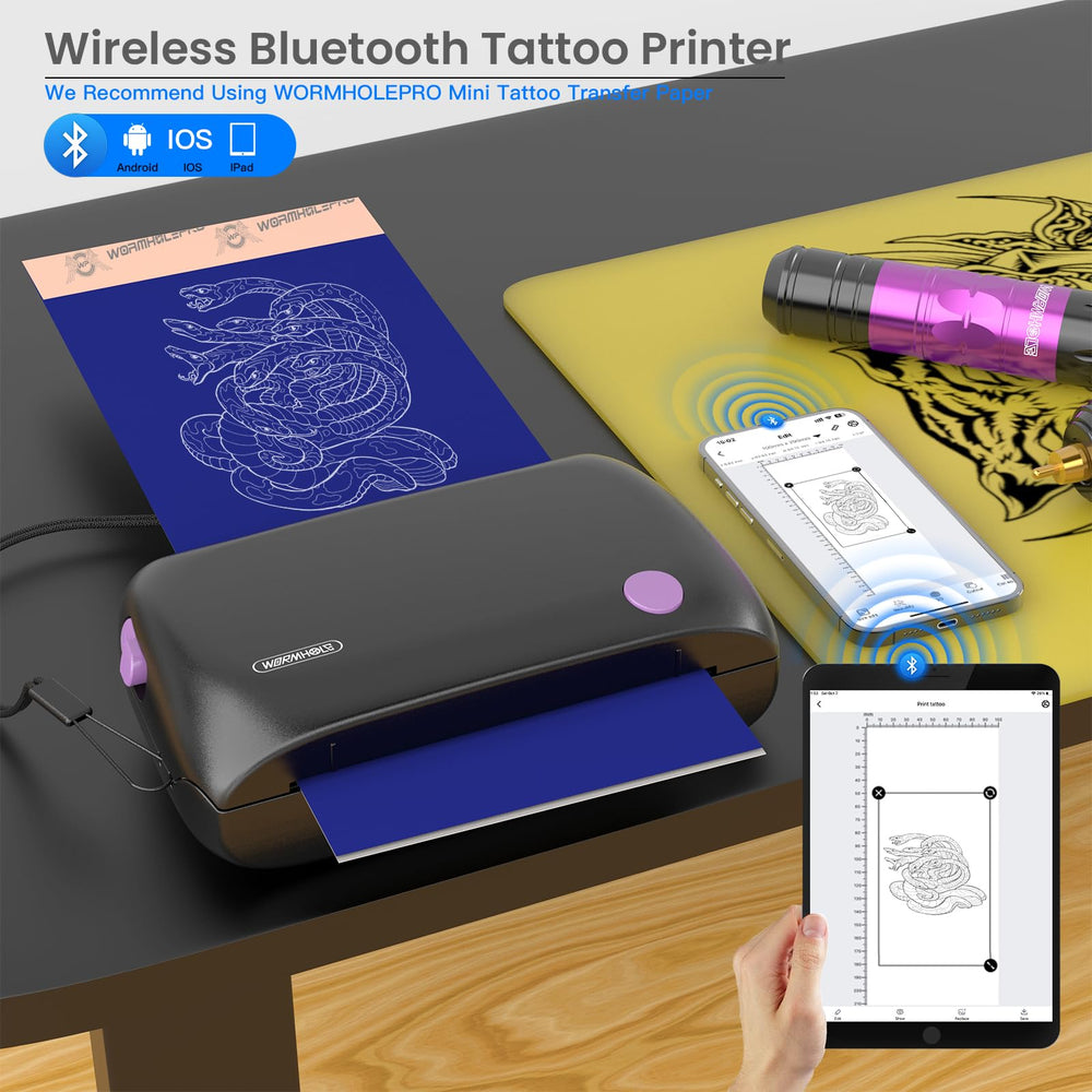 Wormhole Tattoo Printer Bluetooth connection with tablets and phones.