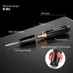Wormhole Tattoo RCA clip cord connected to pen for smooth power transfer.