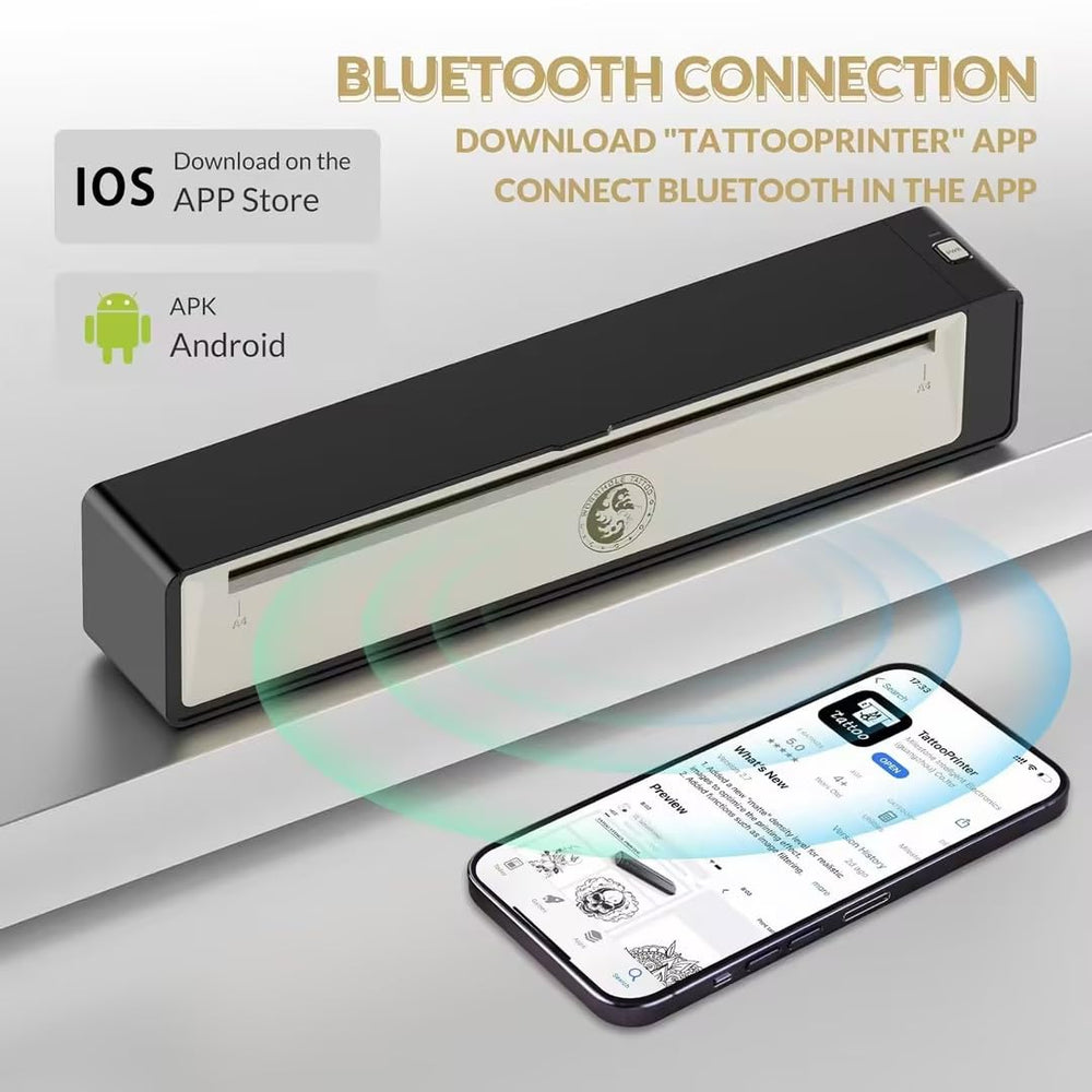 Wormhole Tattoo Stencil Printer back view highlights sleek Bluetooth connectivity for cordless operation.