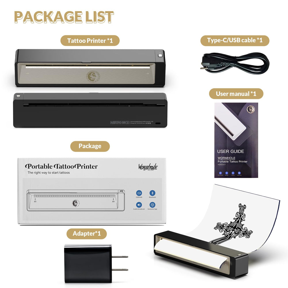 Wormhole Tattoo Stencil Printer charging cable image reinforces convenient USB-C charging and readiness.