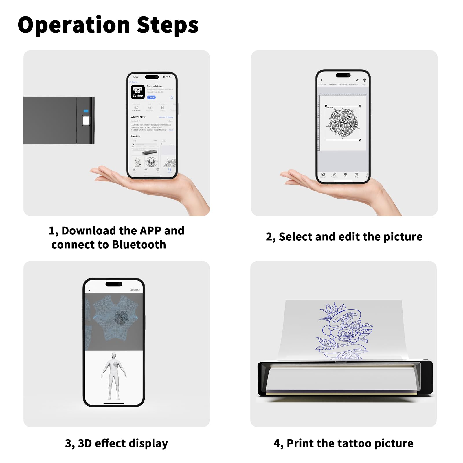 Wormhole Tattoo Stencil Printer on table with phone emphasizes app-driven image upload and editing.