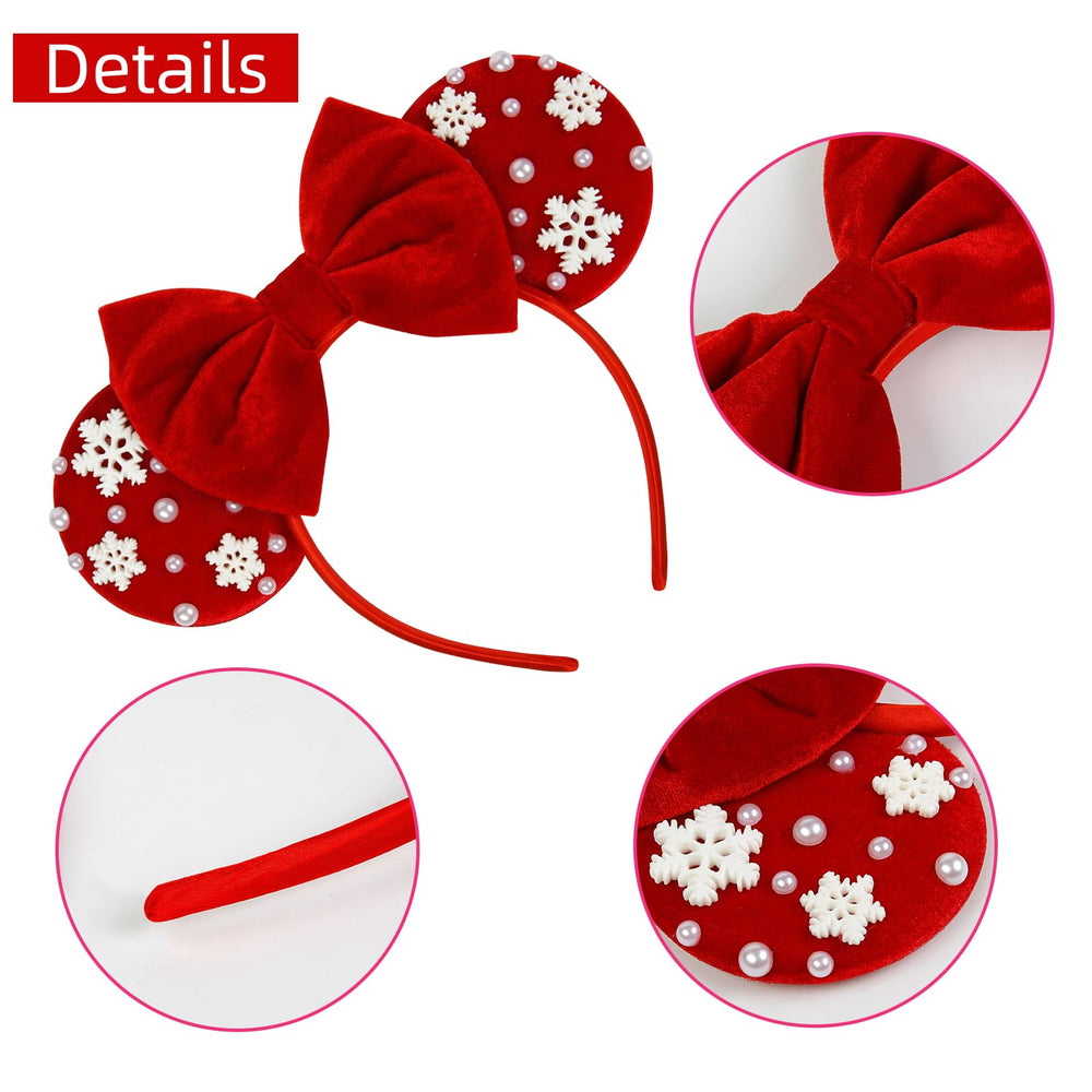 WOVOWOVO Christmas mouse ears red bow close-up on velvet texture for cosplay-ready styling