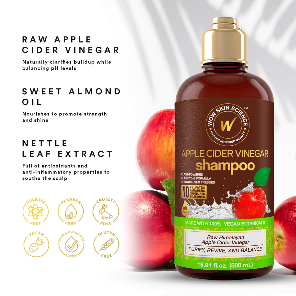 WOW Skin Science Apple Cider Vinegar Shampoo bottle close-up highlights gentle cleansing for scalp