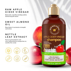 WOW Skin Science Apple Cider Vinegar Shampoo bottle close-up highlights gentle cleansing for scalp