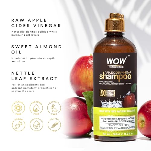 WOW Skin Science Apple Cider Vinegar Shampoo label detail mentions paraben and sulfate free