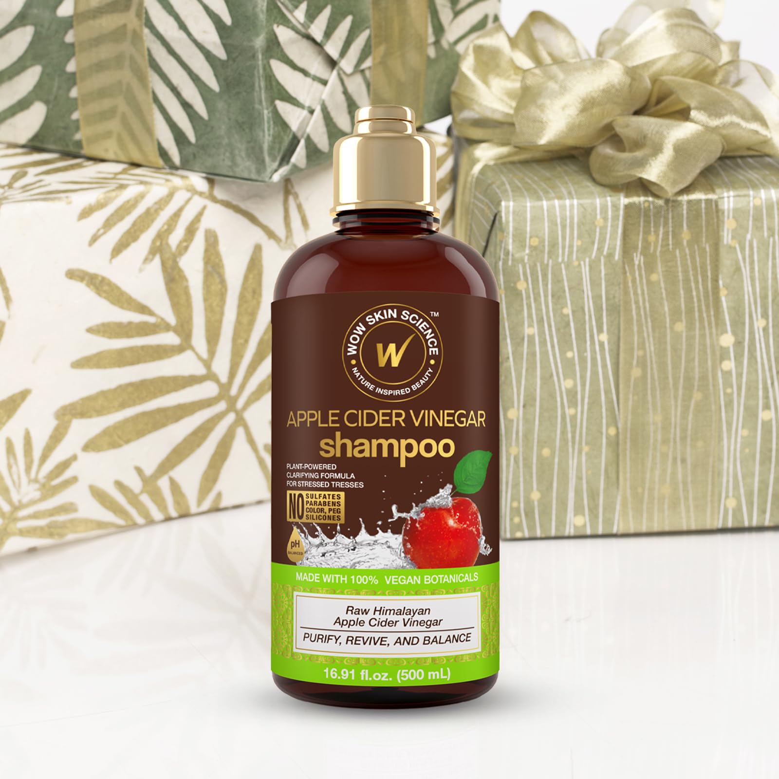 WOW Skin Science Apple Cider Vinegar Shampoo packaging emphasizes vegan and cruelty-free formula