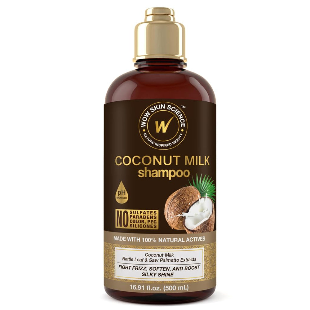 WOW Skin Science Coconut Oil Milk Shampoo bottle pour for moisture delivery and frizz control