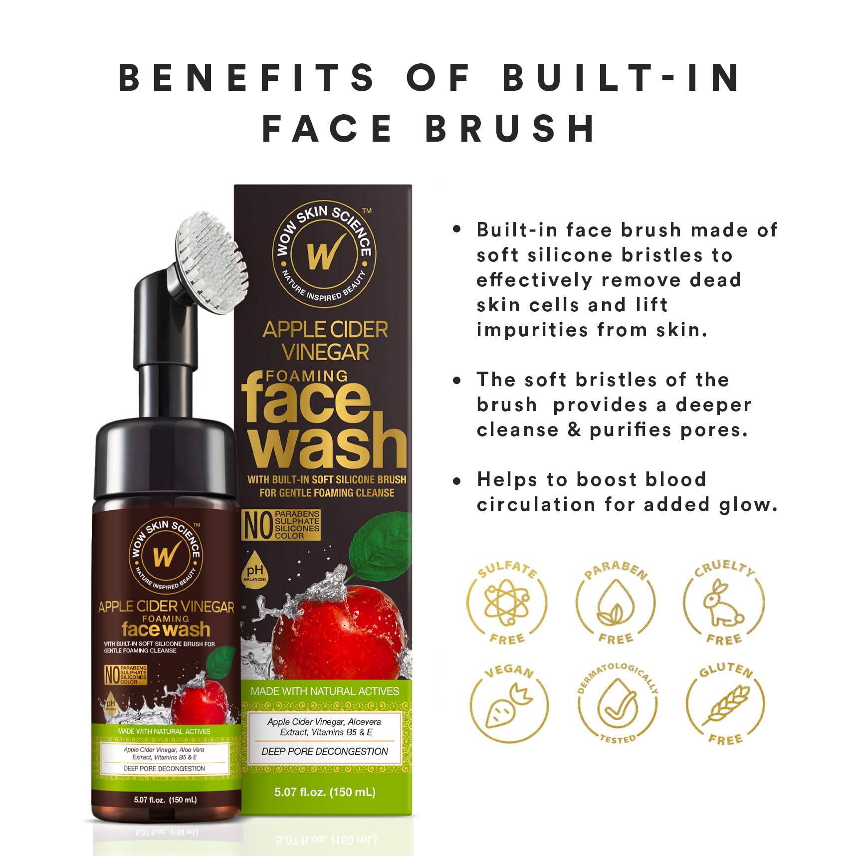 WOW Skin Science packaging shows bottle and integrated brush for convenient cleansing.
