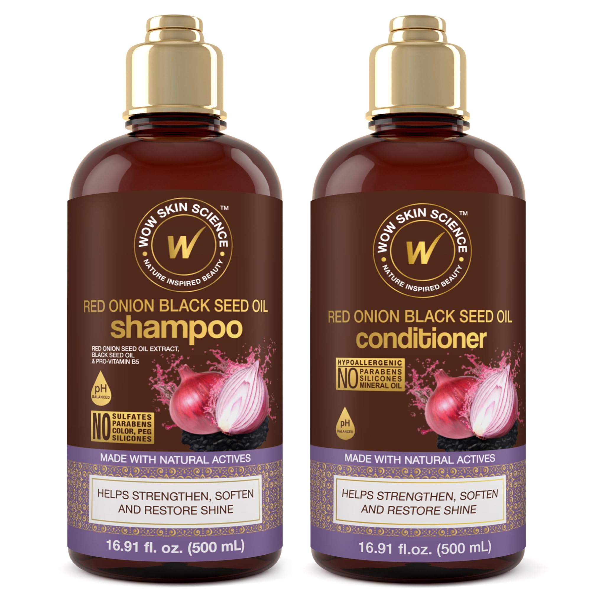 WOW Skin Science red onion black seed shampoo bottle shows glossy, hydrated hair.