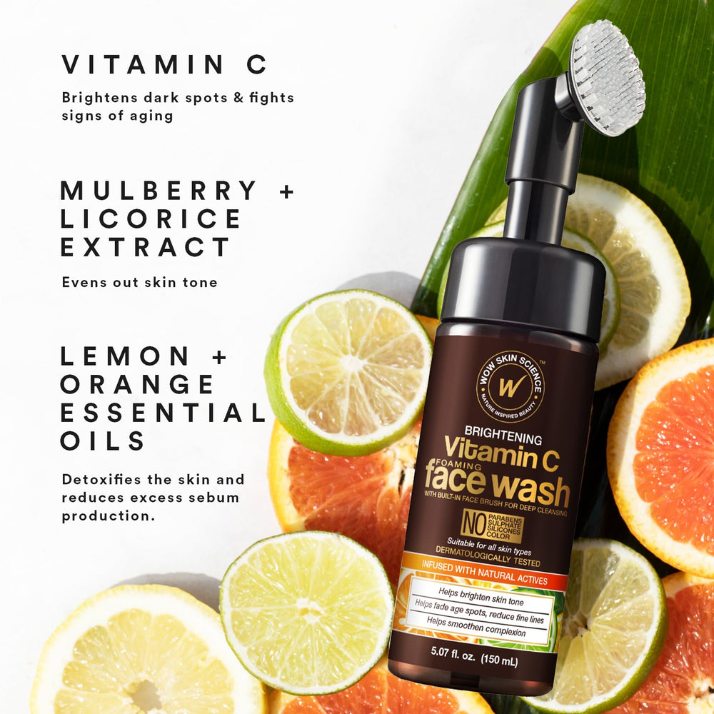 WOW Skin Science Vitamin C Face Wash & Brush bottle with product on vanity for daily routine.