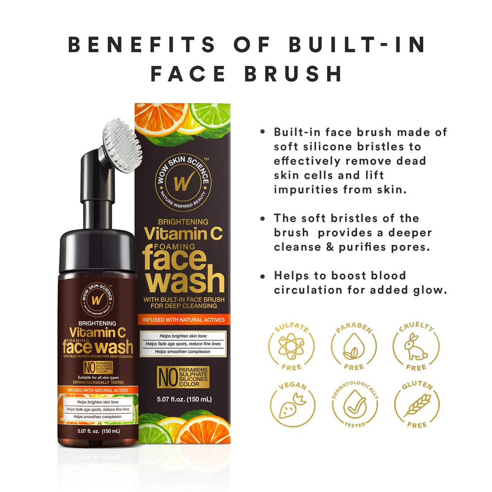 WOW Skin Science Vitamin C Face Wash & Brush packaging shown for on-the-go routines.