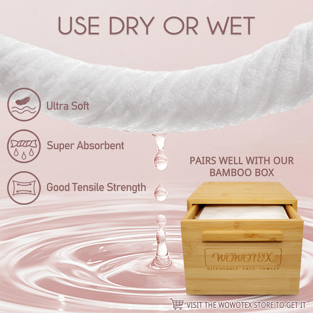 WOWOTEX packaging shows box with 50 towels, tidy storage for travel or home