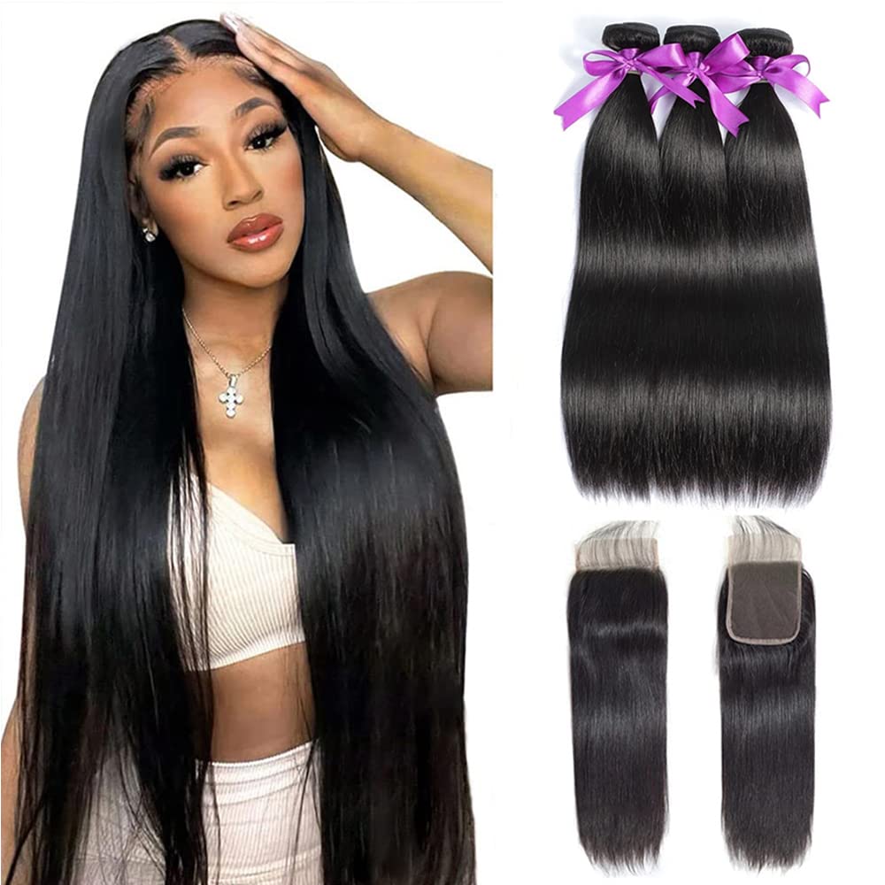 WOWQUEEN straight bundles with closure 20 inch ready to blend with natural hair