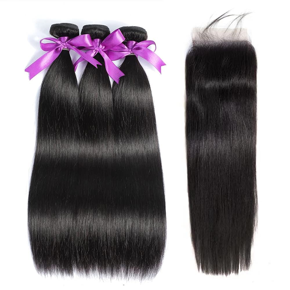 WOWQUEEN straight bundles with closure 22 inch smooth, natural-looking length for daily wear