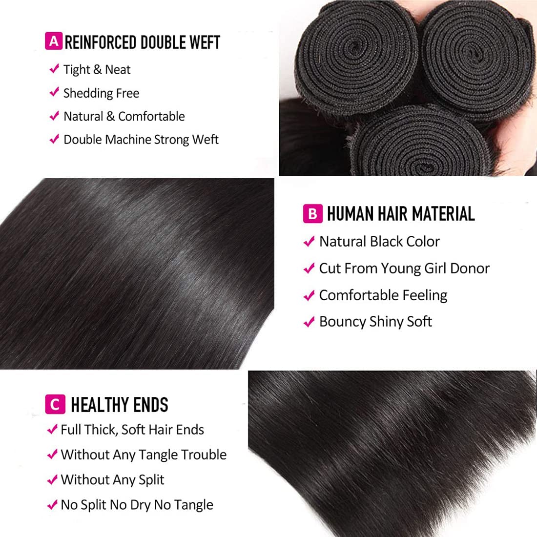 WOWQUEEN straight bundles with closure 24 inch long, elegant style for events