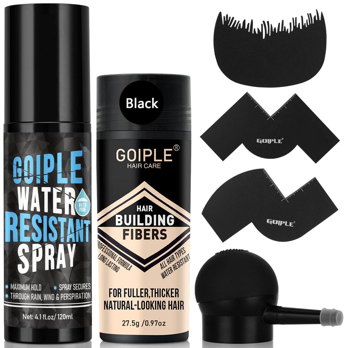 WOZUTUNT hair fiber water-resistant spray bottle showing all-day hold against moisture